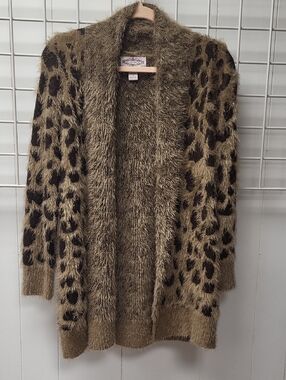 Olivers Taupe and Black Leopard Fuzzy Open-Front Cardigan, XL